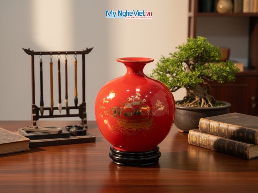 Bình Hút Tài Lộc Thuận Buồm Xuôi Gió Vẽ Vàng Kim Nền Đỏ H22cm MNV-HBT22/7.3