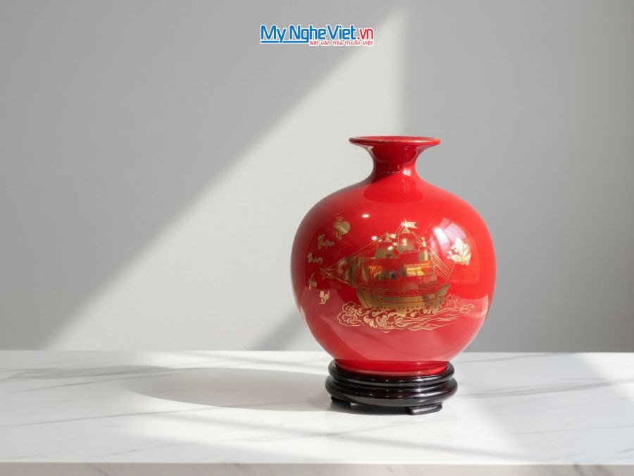 Bình Hút Tài Lộc Thuận Buồm Xuôi Gió Vẽ Vàng Kim Nền Đỏ H22cm MNV-HBT22/7.3