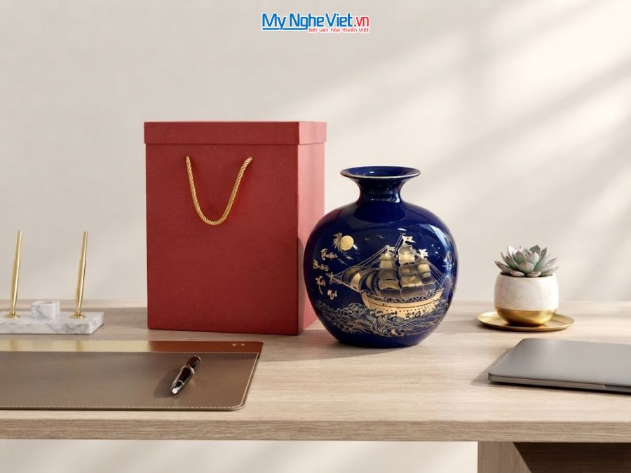 Bình Hút Tài Lộc Thuận Buồm Xuôi Gió Nền Xanh H18cm MNV-HBT18/3.2