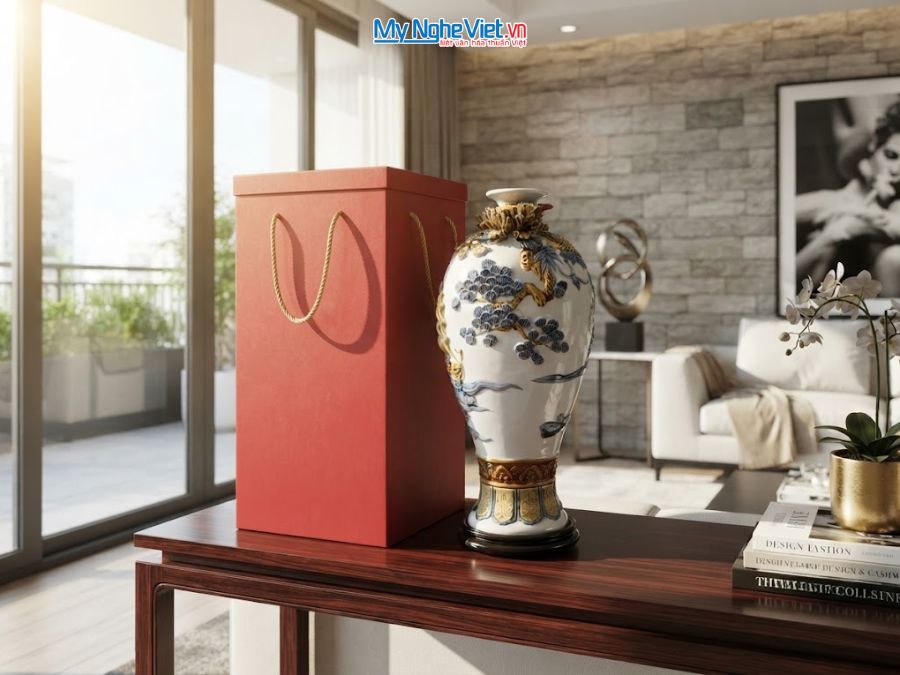Lộc Bình Thuận Buồm Xuôi Gió Men Trắng Đắp Nổi H50cm LHGVH50/1