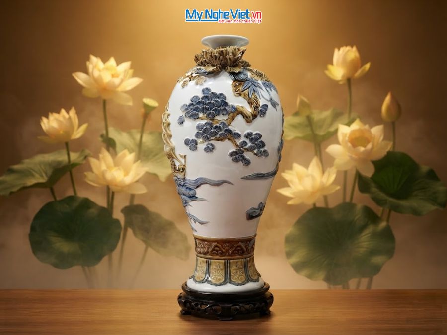 Lộc Bình Thuận Buồm Xuôi Gió Men Trắng Đắp Nổi H50cm LHGVH50/1
