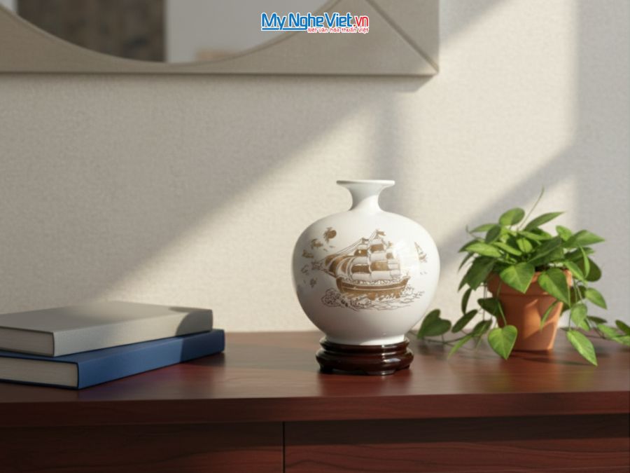 Bình Hút Tài Lộc Thuận Buồm Xuôi Gió Nền Trắng H22cm MNV-HBT22/7.7