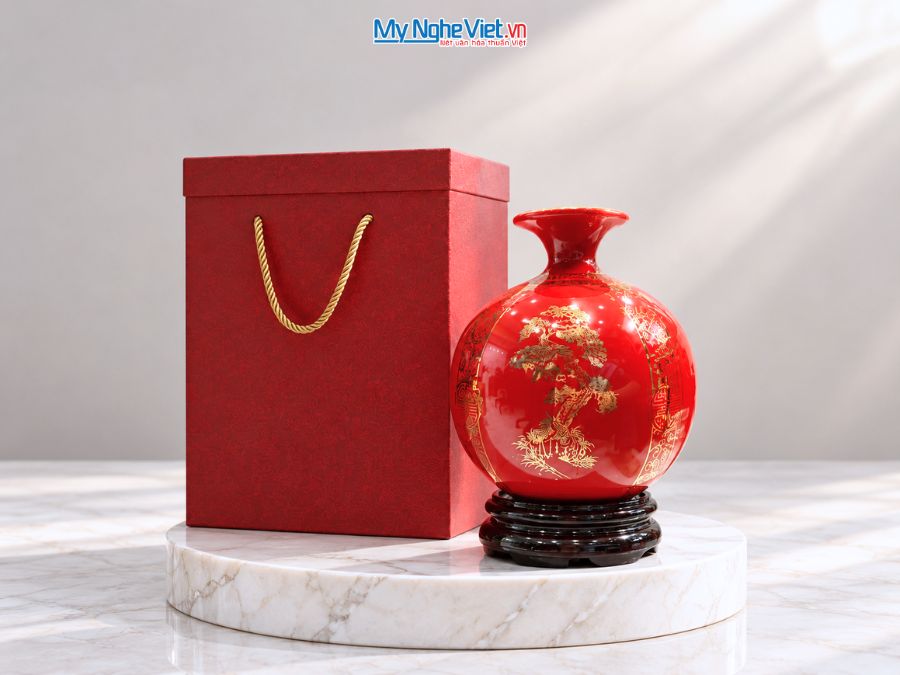 Bình Hút Tài Lộc Tứ Cảnh Tùng Cúc Trúc Mai Nền Đỏ H18cm MNV-HBT18/4