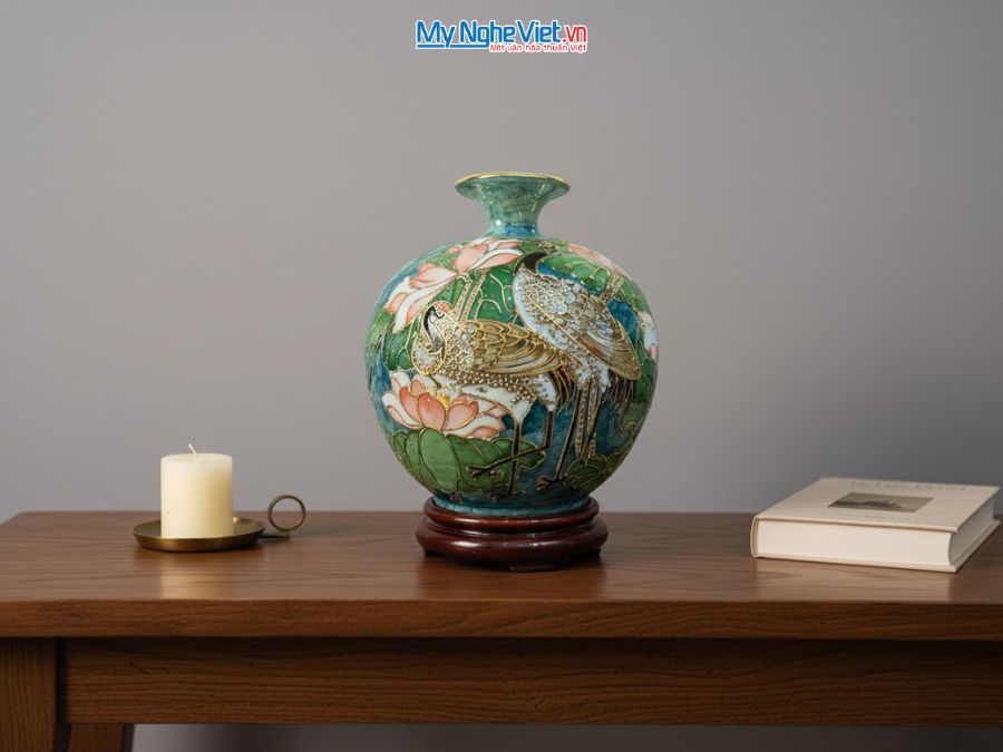 Bình Hút Tài Lộc Họa Tiết Sen Hạc Cao Cấp Đắp Nổi H30cm MNV-VBT30-1