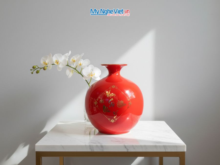 Bình Hút Tài Lộc Vẽ Nhị Cảnh Cá Sen - Vạn Sự Như Ý Nền Đỏ H18cm MNV-HBT18/3.6