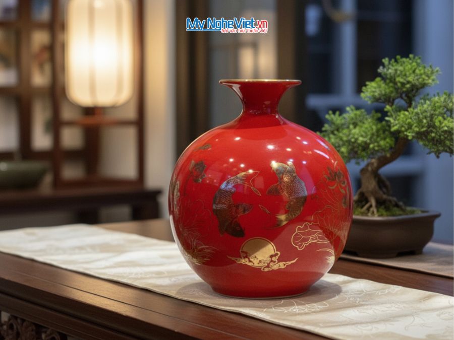 Bình Hút Tài Lộc Vẽ Nhị Cảnh Cá Sen - Vạn Sự Như Ý Nền Đỏ H18cm MNV-HBT18/3.6