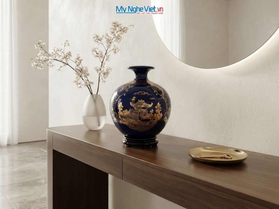 Bình Hút Tài Lộc Vẽ Tam Cảnh Hà Nội Nền Xanh Coban H22cm MNV-HBT22/3.2