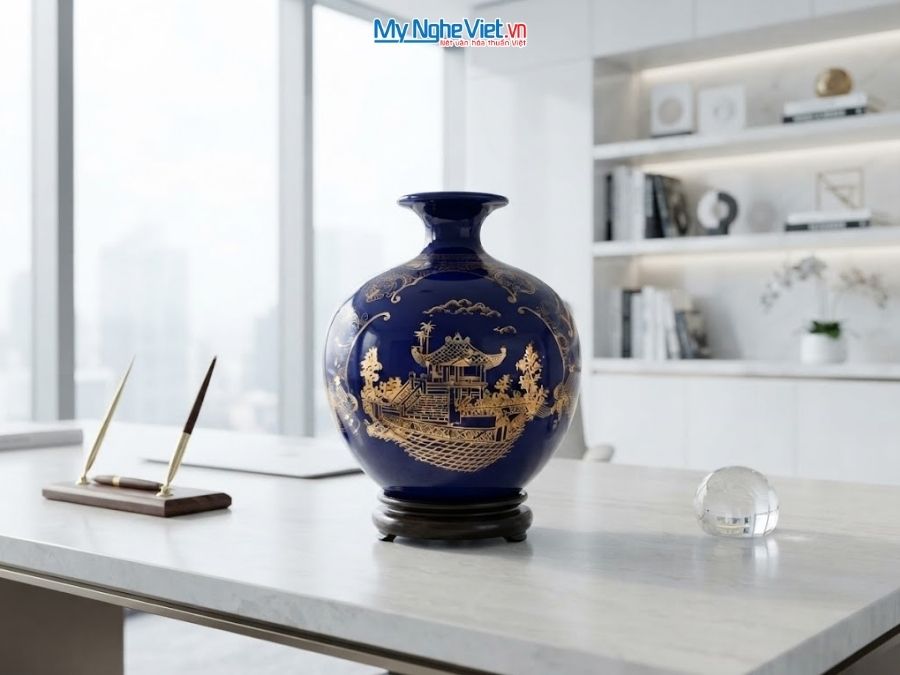 Bình Hút Tài Lộc Vẽ Tam Cảnh Hà Nội Nền Xanh Coban H22cm MNV-HBT22/3.2