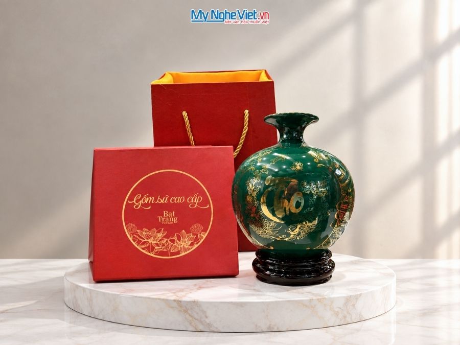 Bình Hút Tài Lộc Vẽ Tam Cảnh Phúc Lộc Thọ Nền Xanh H22cm MNV-HBT22/2