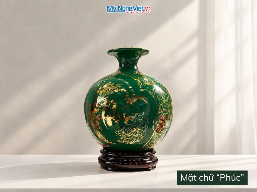 Bình Hút Tài Lộc Vẽ Tam Cảnh Phúc Lộc Thọ Nền Xanh H22cm MNV-HBT22/2