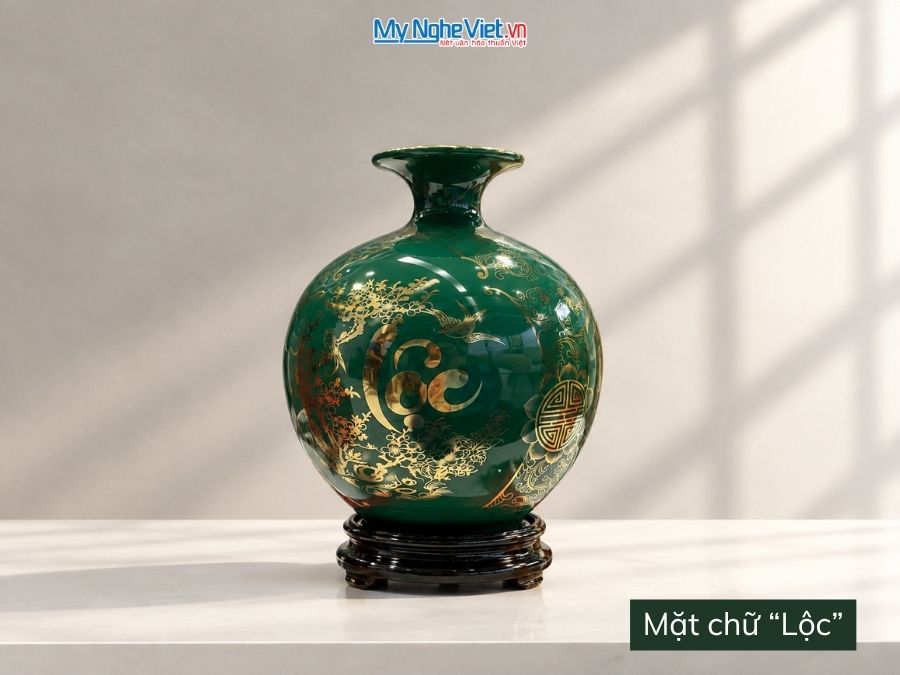 Bình Hút Tài Lộc Vẽ Tam Cảnh Phúc Lộc Thọ Nền Xanh H22cm MNV-HBT22/2