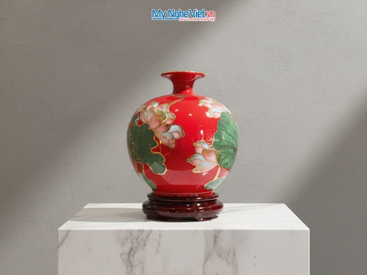 Bình thu tài hút lộc cao cấp vẽ sen đắp nổi nền đỏ H22 + chân đế đẹp MNV-VBT22.4