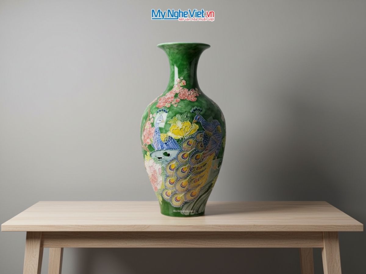 Bình thu tài hút lộc dáng cao vẽ công đào + hộp xi H47cm LHGML03.2