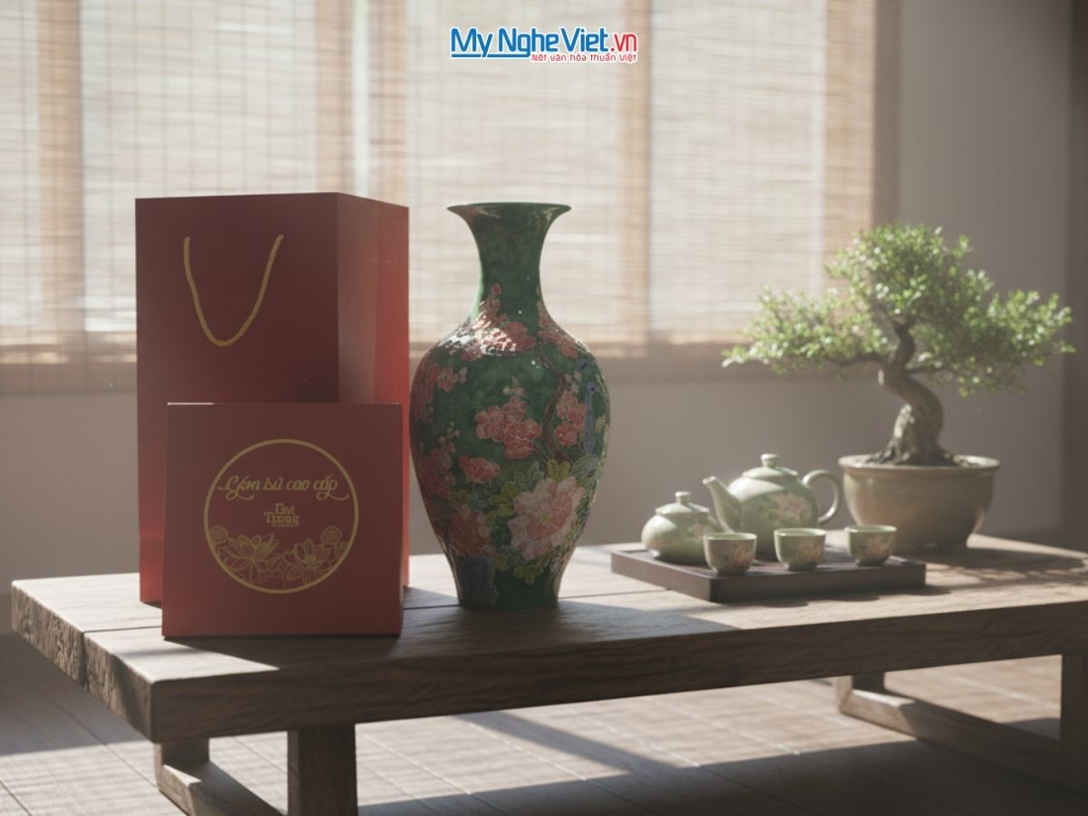 Bình thu tài hút lộc dáng cao vẽ công đào + hộp xi H47cm LHGML03.2