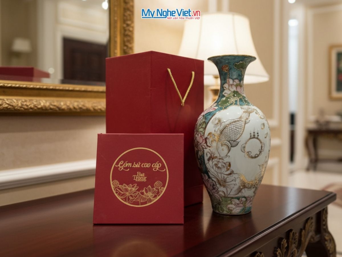 Bình thu tài hút lộc dáng cao vẽ tay thuận buồm cá sen + hộp xi H47cm LHGML03