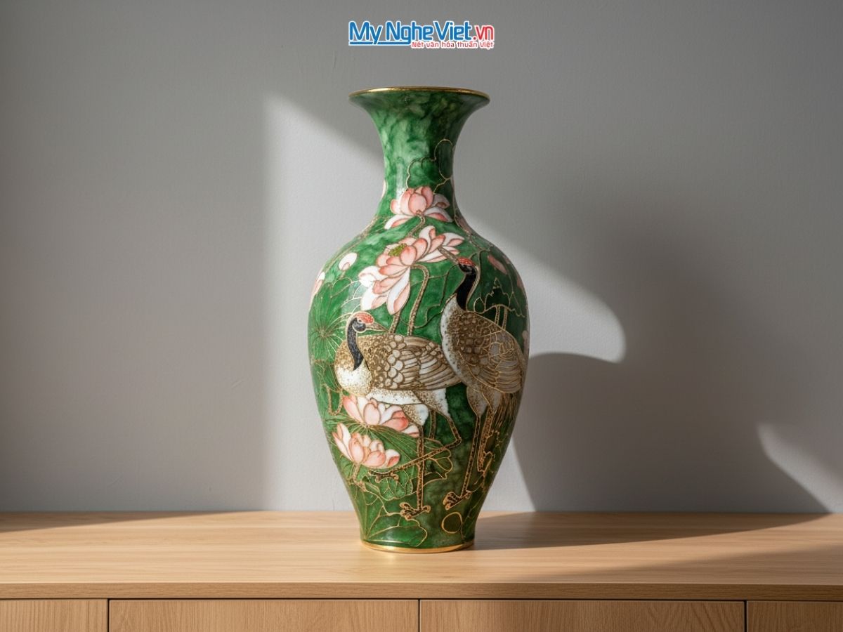 Bình thu tài hút lộc dáng cao vẽ vàng kim hạc sen + hộp xi H47cm LHGML03.1