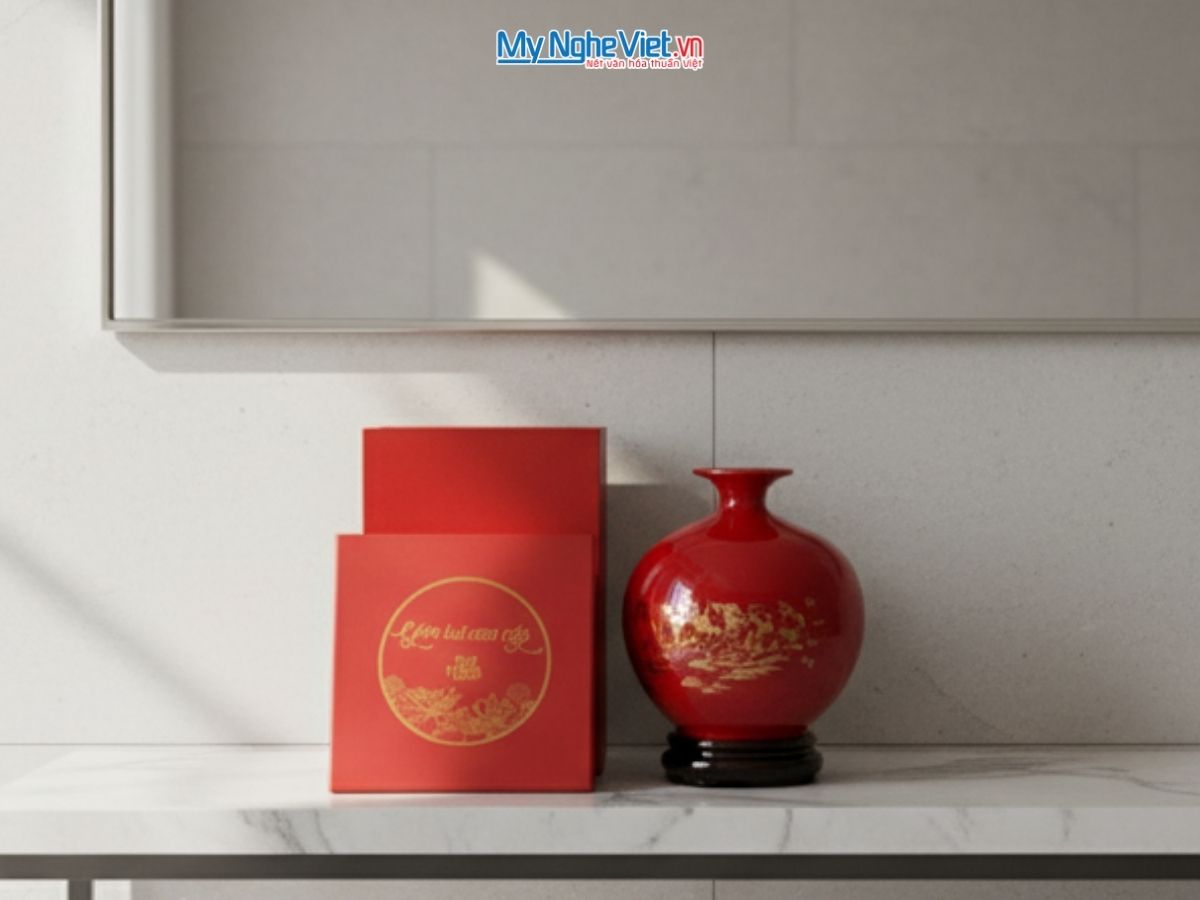 Bình thu tài hút lộc Mã đáo vàng kim nền đỏ có chân đế + hộp xi H22 MNV-HBT22/7.1