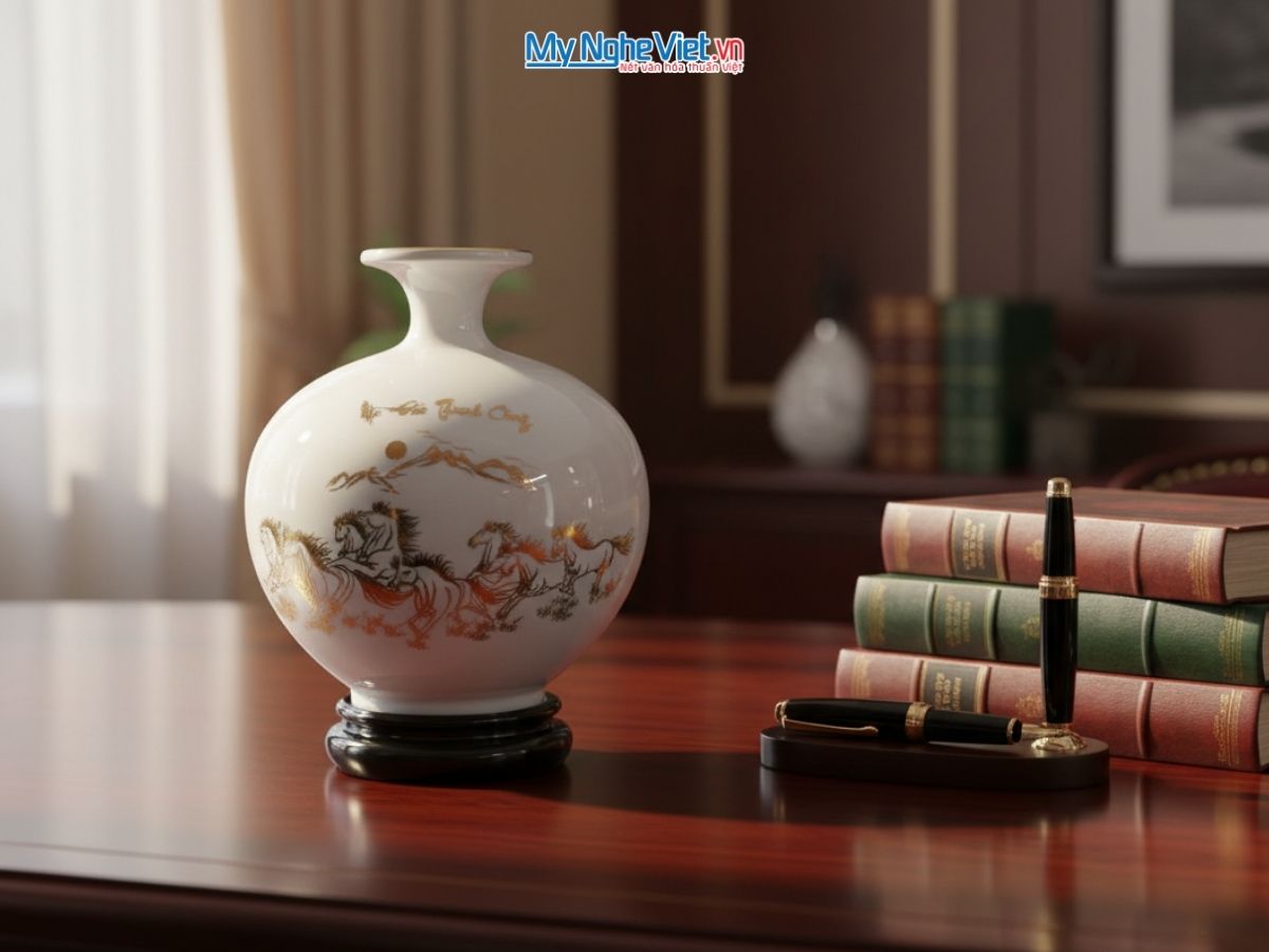 Bình thu tài hút lộc Mã đáo vàng kim nền trắng có chân đế + hộp xi H22 MNV-HBT22/7.6