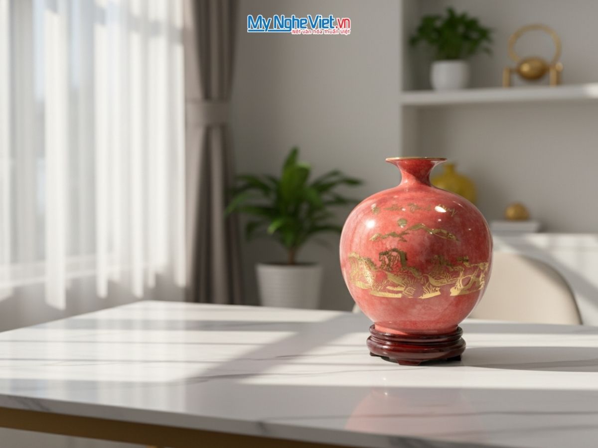 Bình thu tài hút lộc men vân đá (đỏ) mã đáo H25cm + chân đế + hộp xi MNV-VBT25/3.1