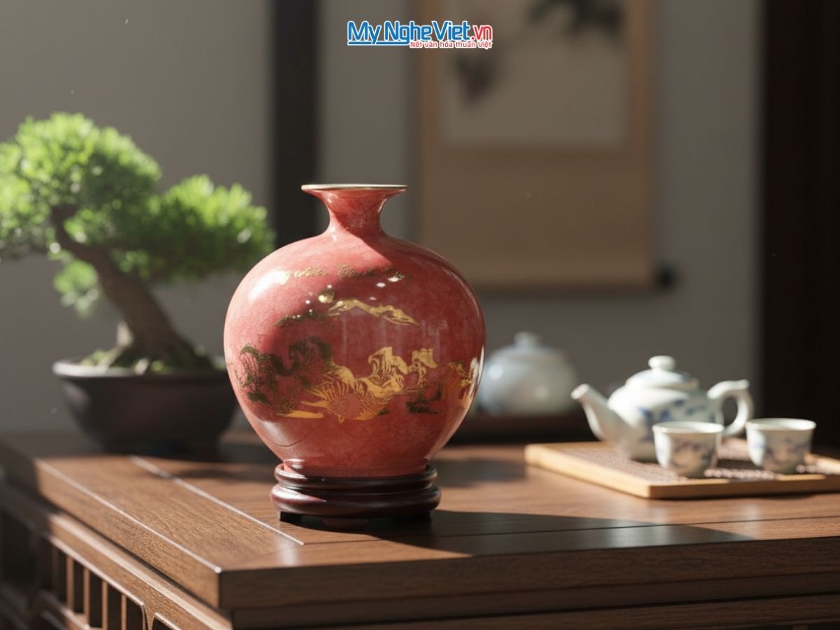 Bình thu tài hút lộc men vân đá (đỏ) mã đáo H25cm + chân đế + hộp xi MNV-VBT25/3.1