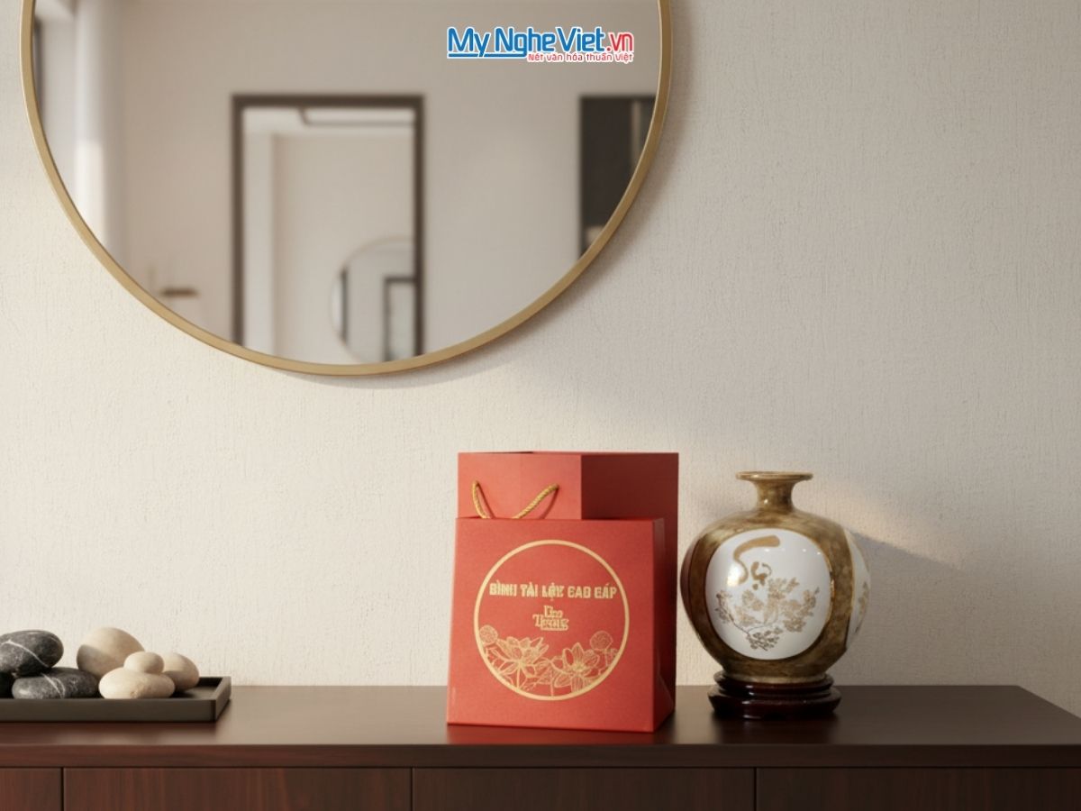 Bình thu tài hút lộc nhị cảnh vạn sự như ý H22cm + chân đế + hộp xi MNV-VBT22/7-2