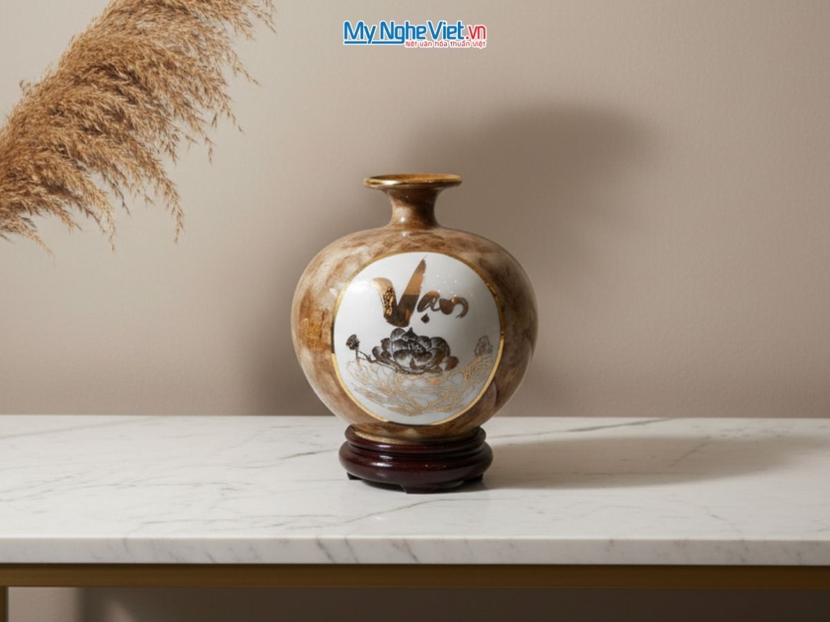 Bình thu tài hút lộc nhị cảnh vạn sự như ý H22cm + chân đế + hộp xi MNV-VBT22/7-2
