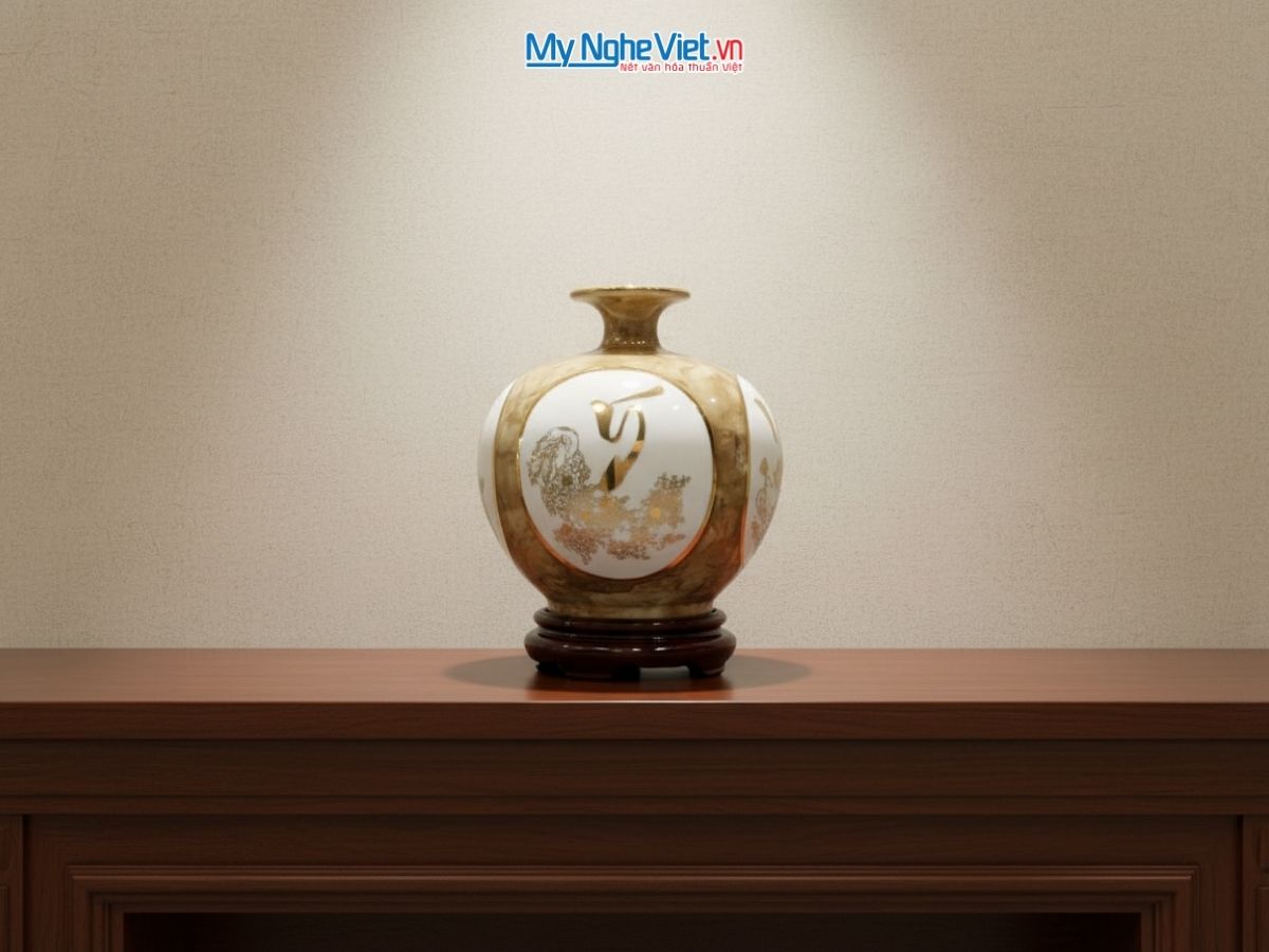 Bình thu tài hút lộc nhị cảnh vạn sự như ý H22cm + chân đế + hộp xi MNV-VBT22/7-2