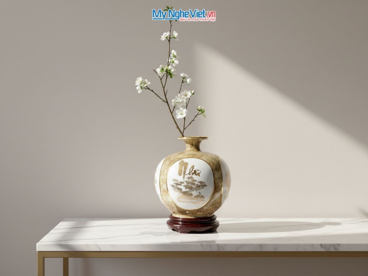 Bình thu tài hút lộc nhị cảnh vạn sự như ý H22cm + chân đế + hộp xi MNV-VBT22/7-2