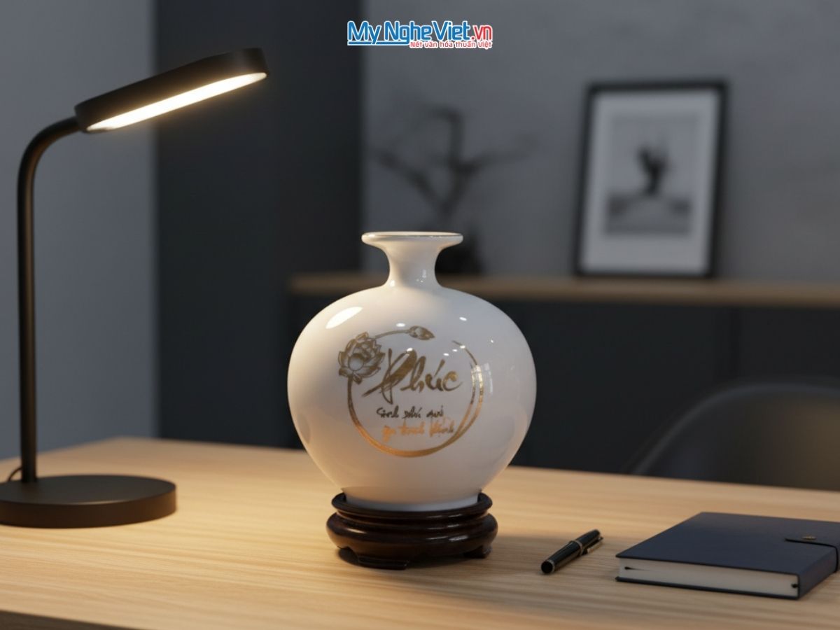 Bình thu tài chữ Phúc + cá sen vàng kim nền trắng có chân đế + hộp xi H22 MNV-HBT22/7.5