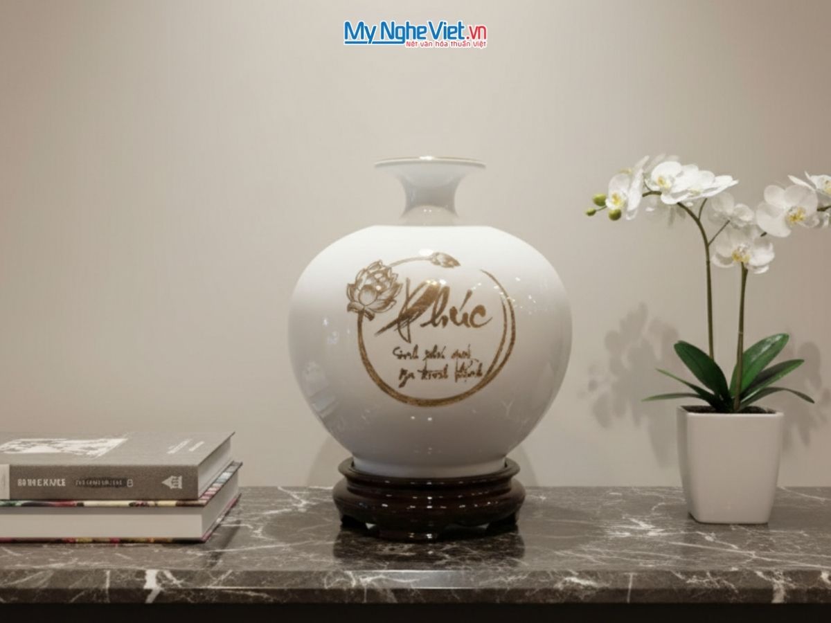Bình thu tài chữ Phúc + cá sen vàng kim nền trắng có chân đế + hộp xi H22 MNV-HBT22/7.5