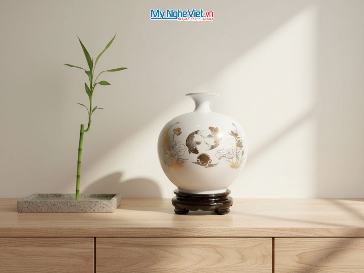 Bình thu tài chữ Phúc + cá sen vàng kim nền trắng có chân đế + hộp xi H22 MNV-HBT22/7.5