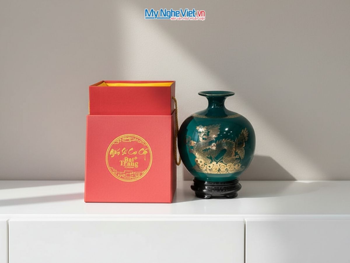 Bình thu tài hút lộc rồng vàng kim nền xanh có chân đế + hộp xi H22 MNV-HBT22/6