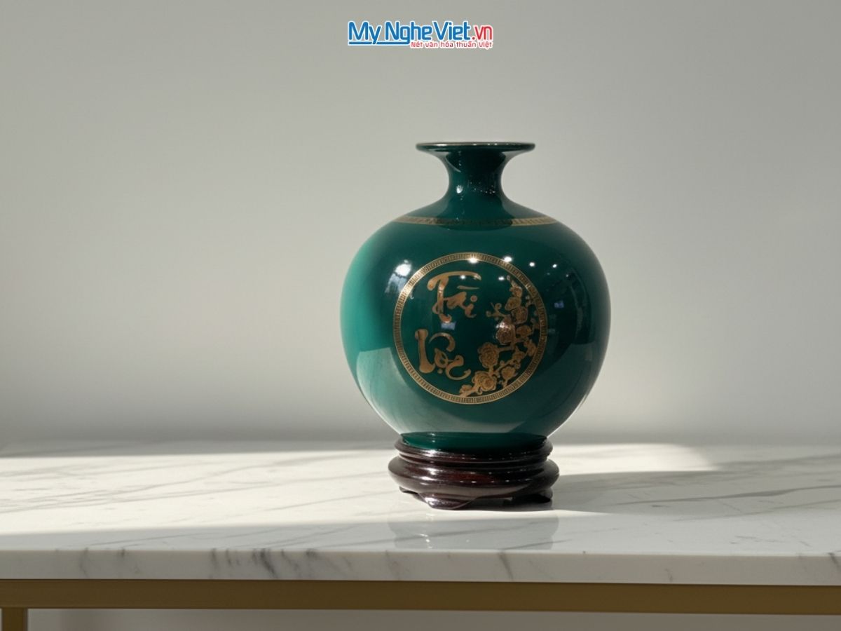 Bình thu tài hút lộc rồng vàng kim nền xanh có chân đế + hộp xi H22 MNV-HBT22/6