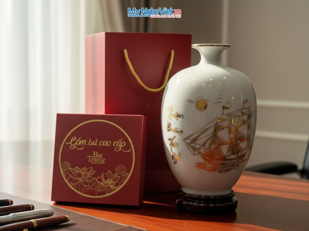 Bình thu tài hút lộc dáng cao thuận buồm trắng + chân đế + hộp xi D16x H30 LHGML02-7
