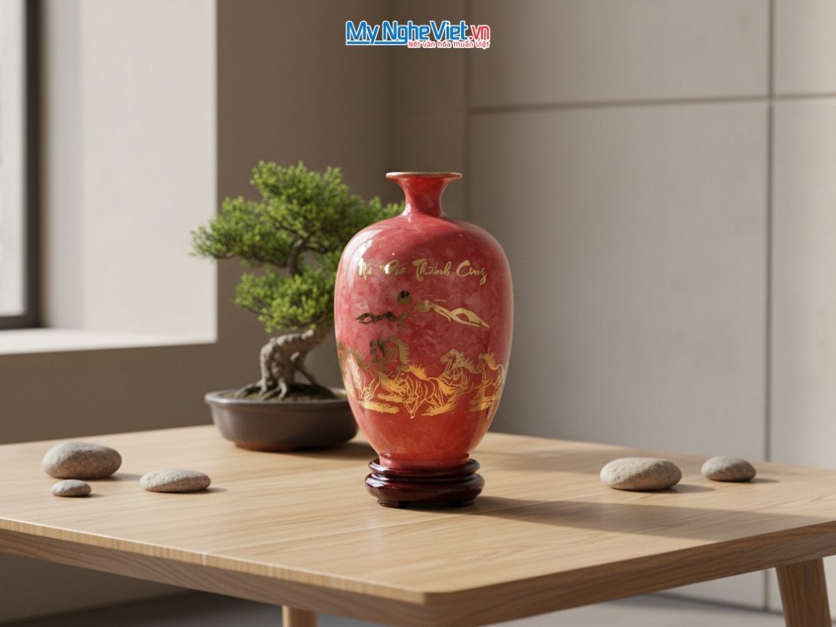 Bình thu tài hút lộc dáng cao vân đá đỏ hồng Mã đáo + chân đế + hộp xi D16xH30 LHGML02-3.1