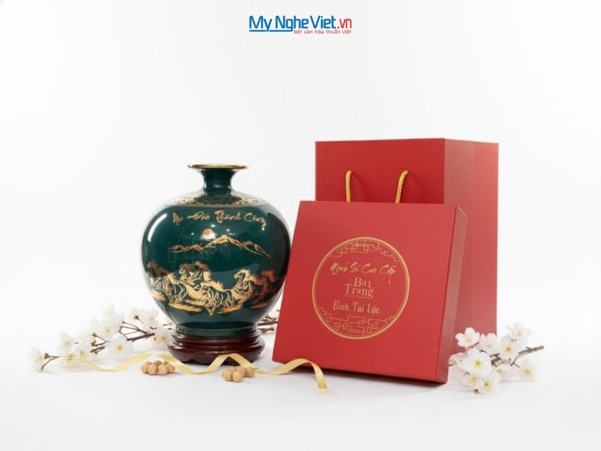 Bình thu tài hút lộc vẽ viền cổ trống đồng size 25 xanh cổ vịt LHGML05-1