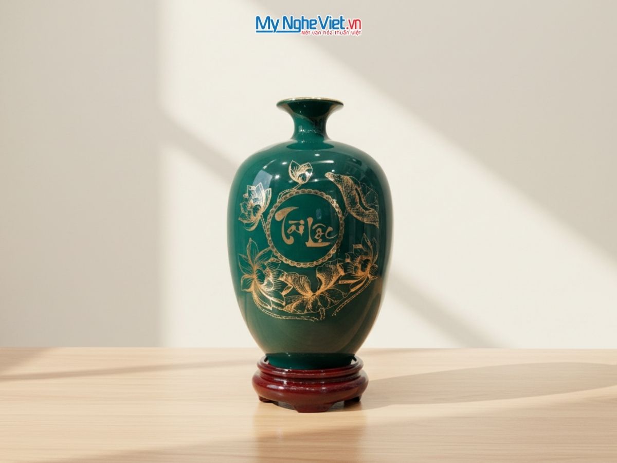 Bình thu tài hút lộc dáng cao xanh lục Tài Lộc Phúc Đức + chân đế + hộp xi D16x H30 LHGML02-6.3