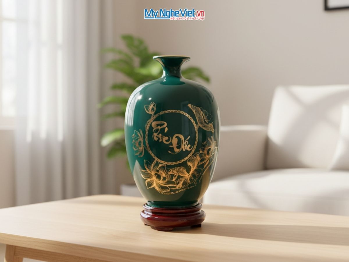 Bình thu tài hút lộc dáng cao xanh lục Tài Lộc Phúc Đức + chân đế + hộp xi D16x H30 LHGML02-6.3