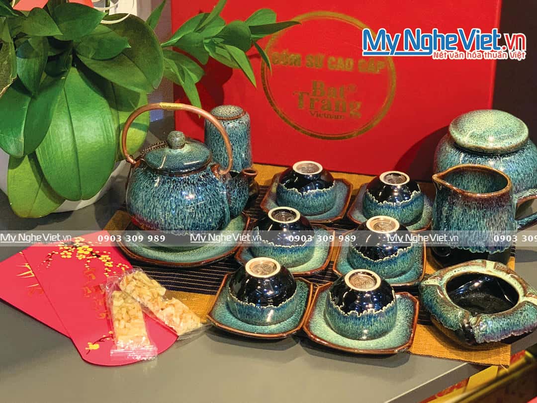 Bộ Bình Trà Men Hỏa Biến quả hồng gold + Phụ kiện MNV-PKTS801-1