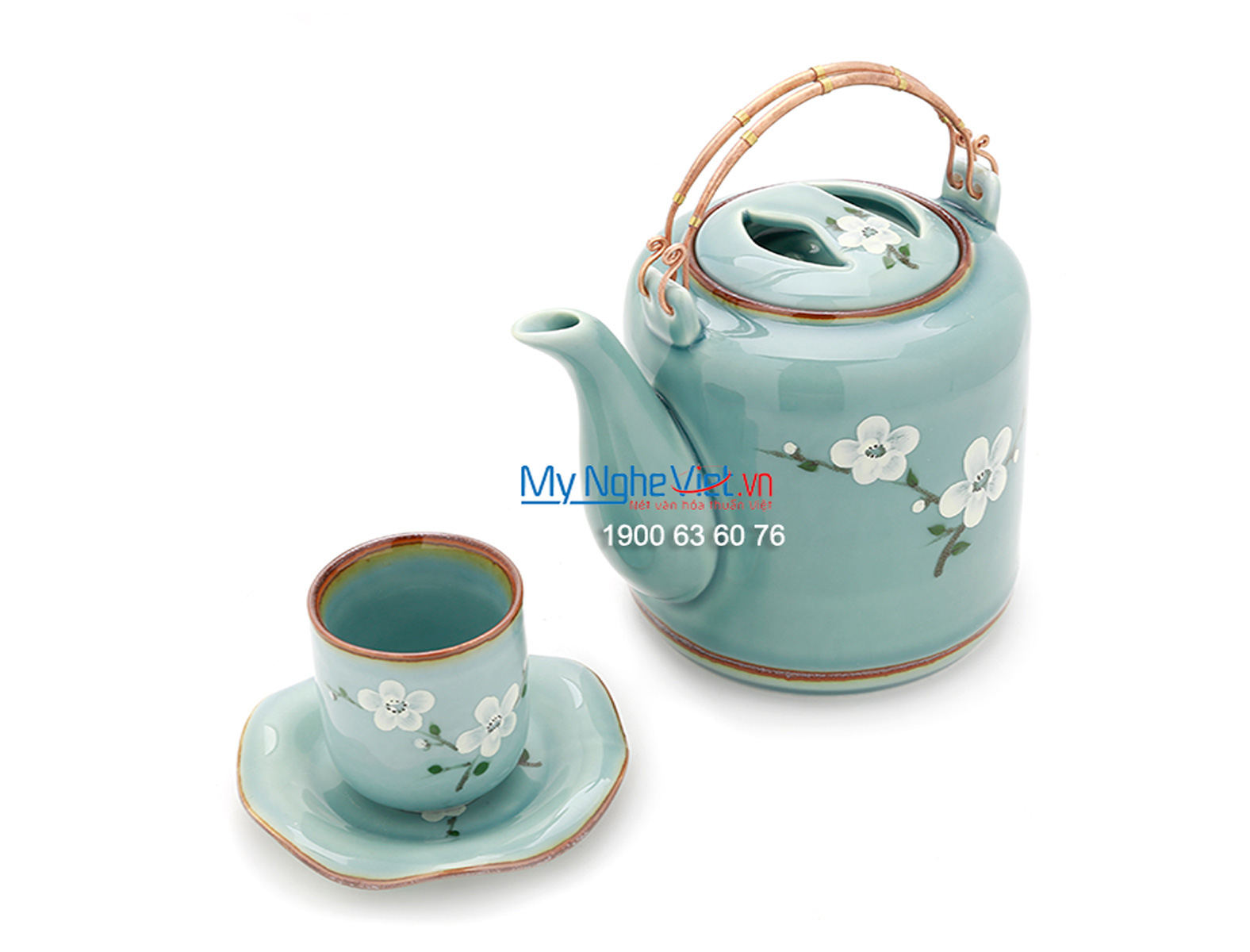 Bộ bình trà men xanh bóng vẽ hoa MNV-TS444