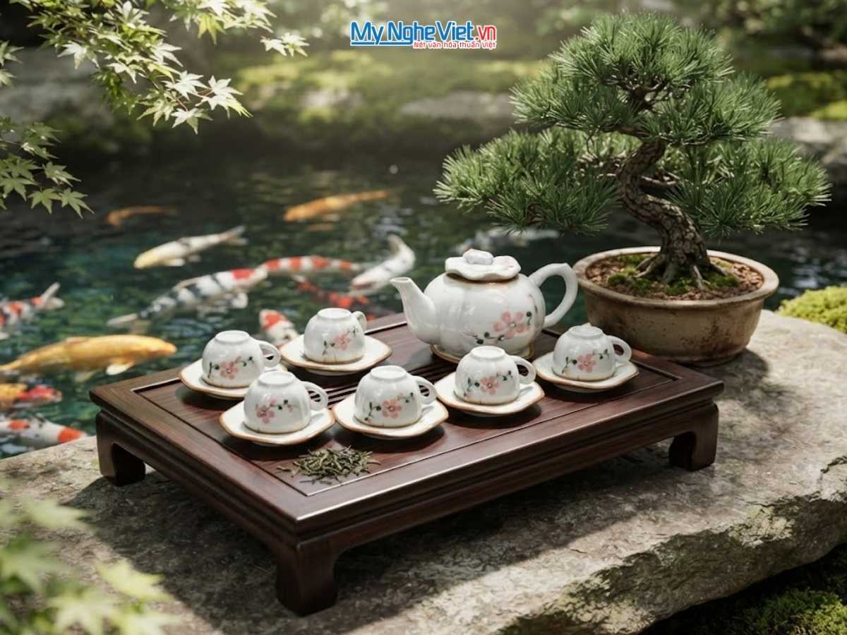 Bộ bình trà cao cấp men trắng dáng ếch sen vẽ hoa đào đỏ MNV-TS450-1 (HÀNG ĐẶT)