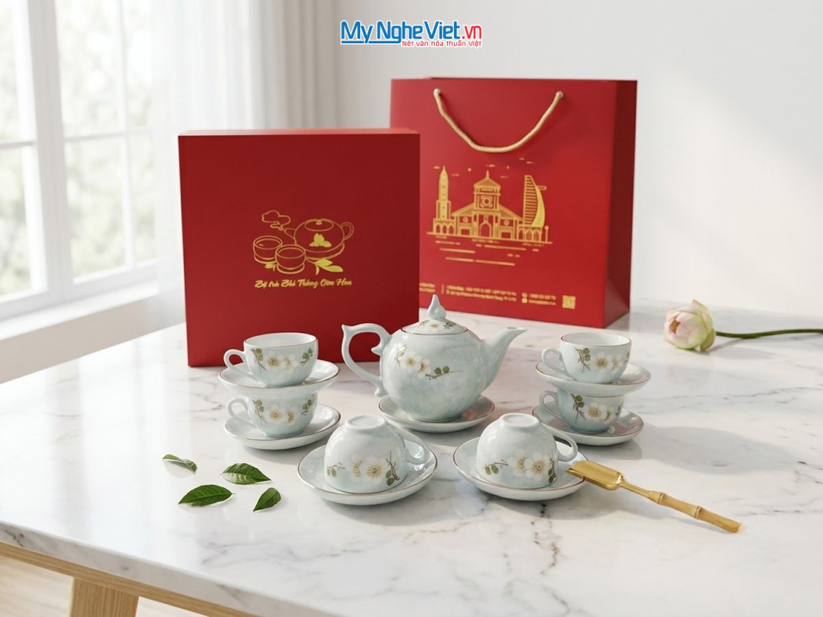 Bộ Bình Trà Men Vân Đá Dáng Bưởi Hoa Ban Trắng VBT12/12SG