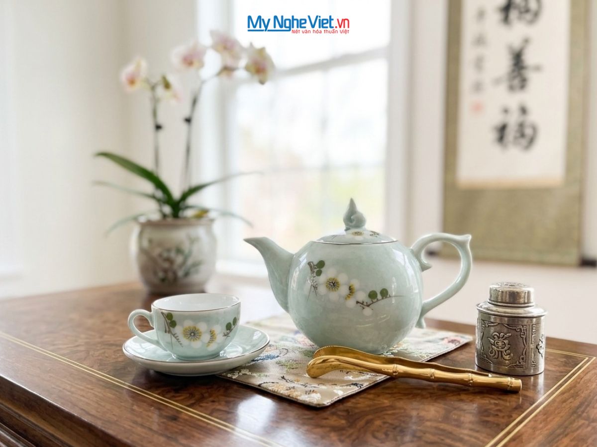 Bộ Bình Trà Men Vân Đá Dáng Bưởi Hoa Ban Trắng VBT12/12SG
