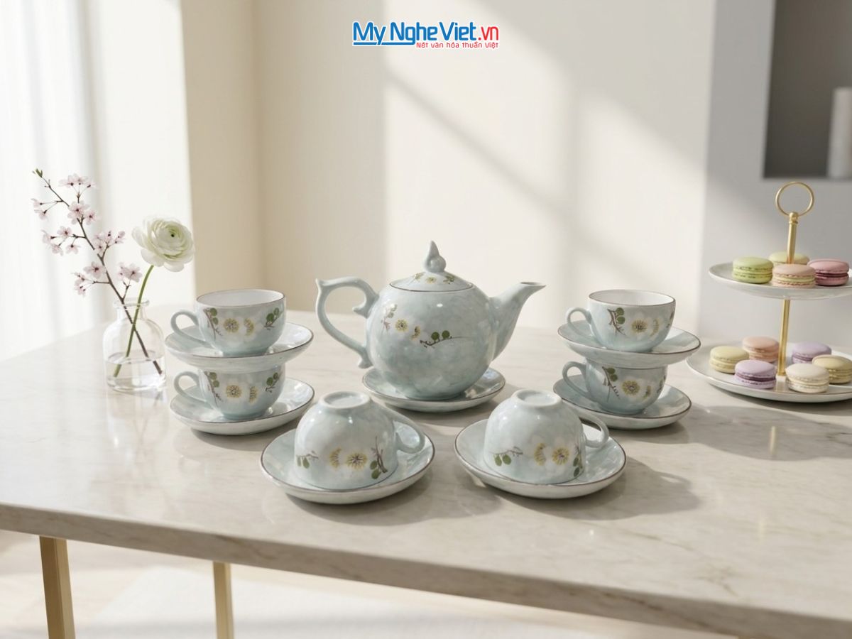 Bộ Bình Trà Men Vân Đá Dáng Bưởi Hoa Ban Trắng VBT12/12SG