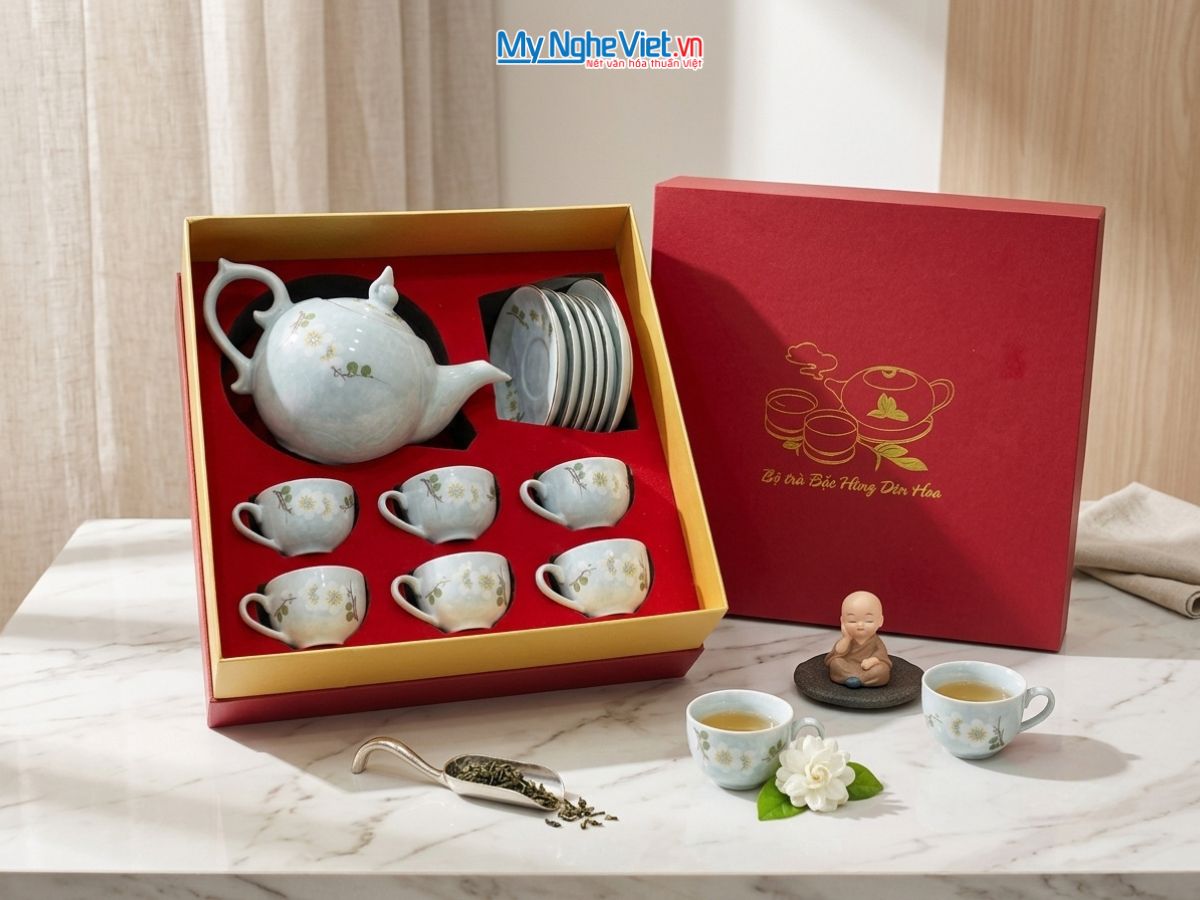 Bộ Bình Trà Men Vân Đá Dáng Bưởi Hoa Ban Trắng VBT12/12SG
