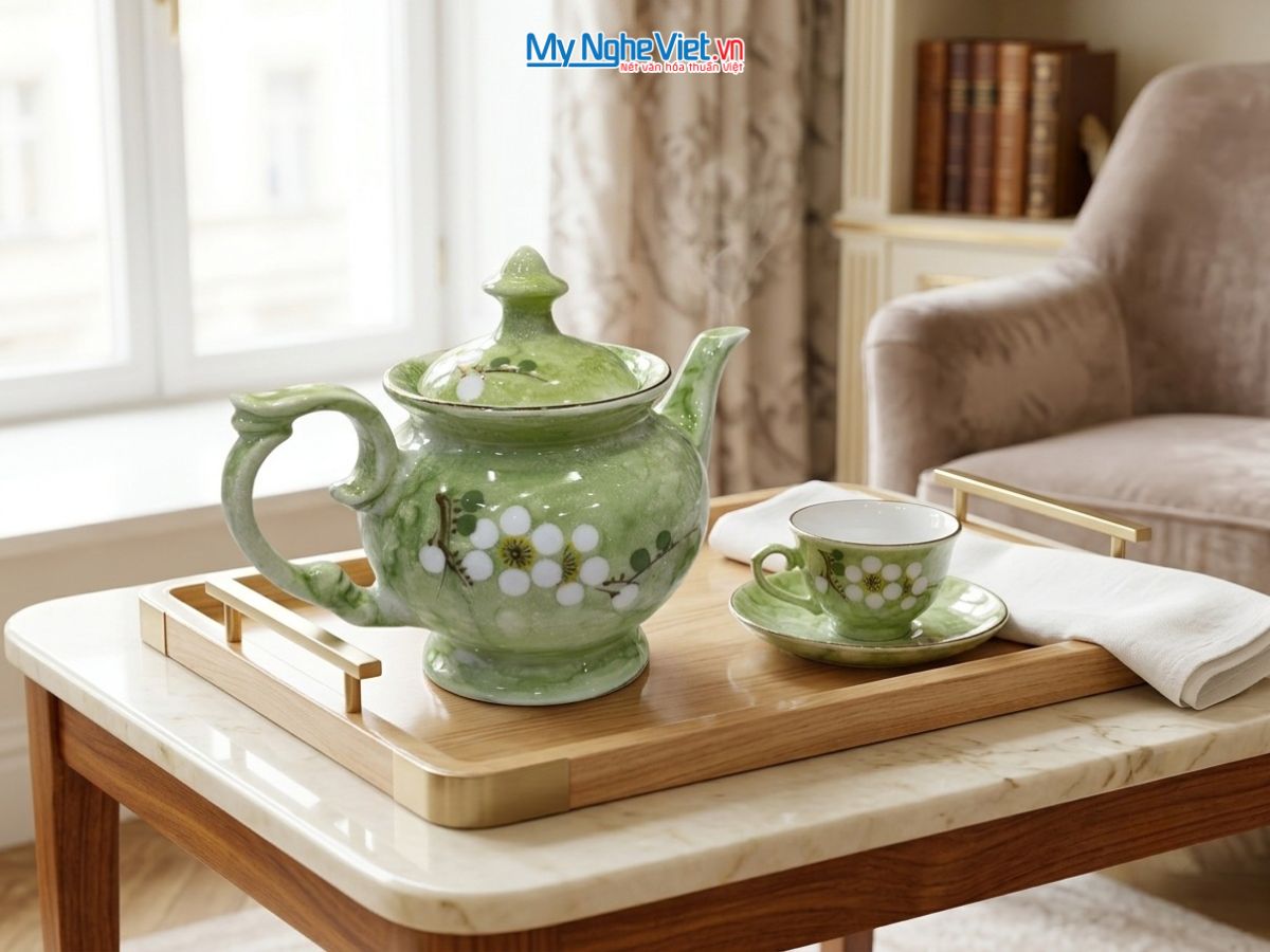 Bộ Bình Trà Dáng Cát Tường Màu Xanh Cốm Hoa Ban Trắng VBT12/7.1SG
