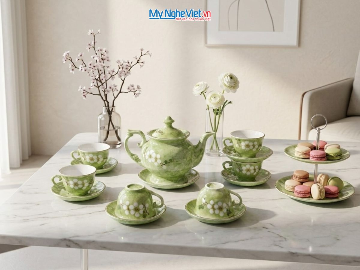 Bộ Bình Trà Dáng Cát Tường Màu Xanh Cốm Hoa Ban Trắng VBT12/7.1SG