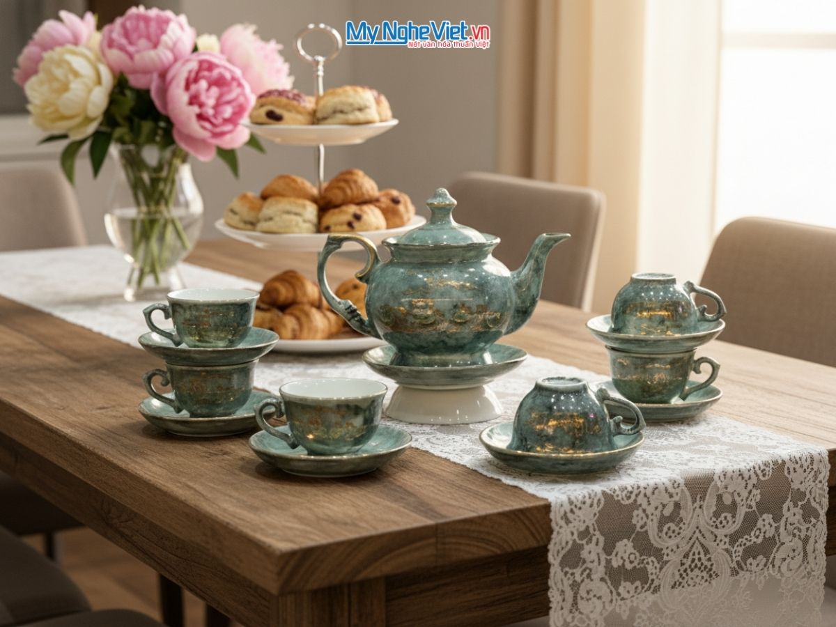 Bộ bình trà cát tường vân đá mã đáo viền chỉ vàng kim VBT12/5.2