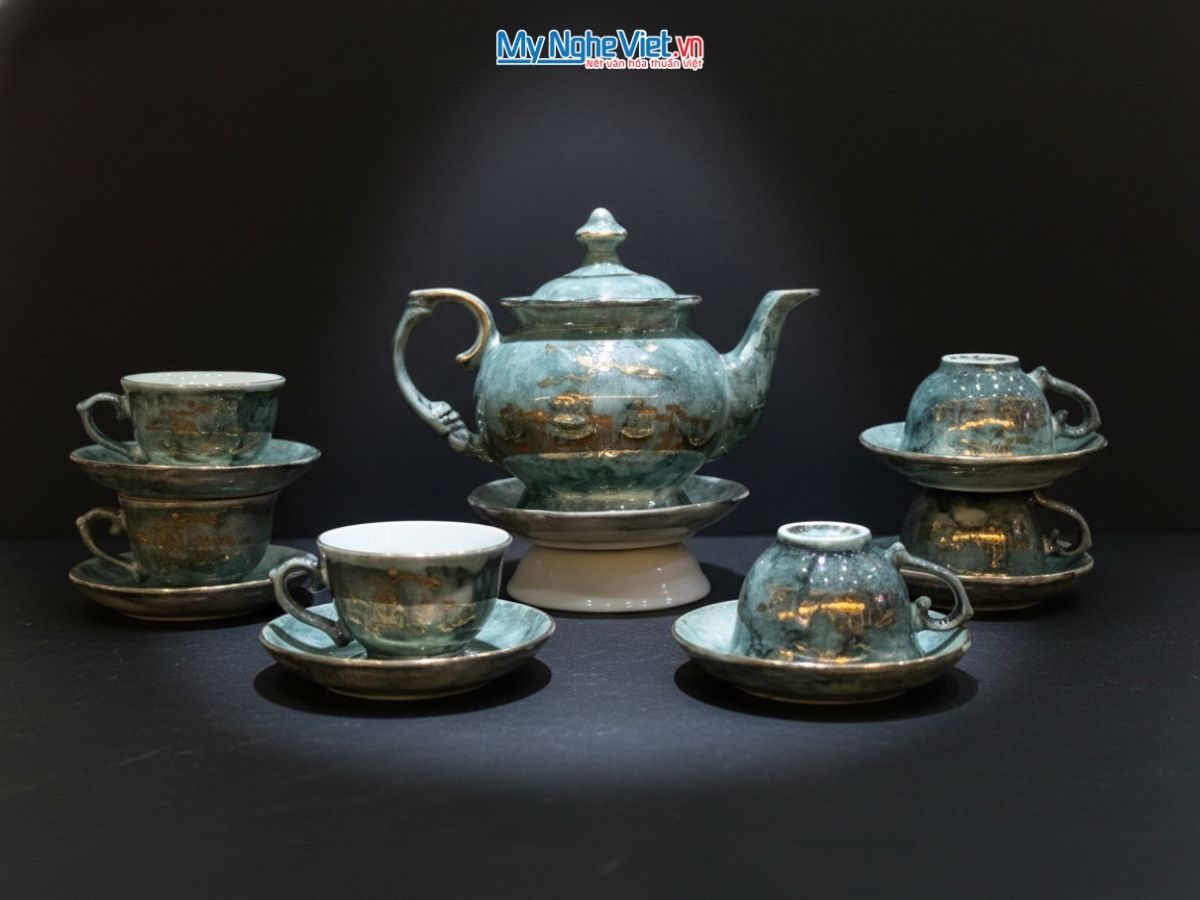 Bộ bình trà cát tường vân đá mã đáo viền chỉ vàng kim VBT12/5.2