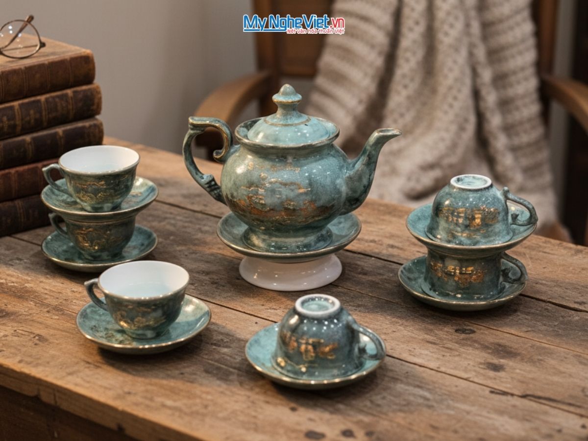 Bộ bình trà cát tường vân đá mã đáo viền chỉ vàng kim VBT12/5.2